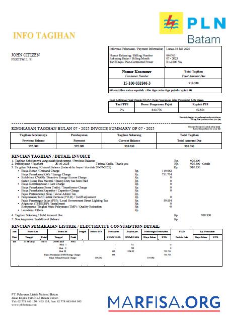 Printable Indonesia PLN Batam utility bill template in Word and PDF formats